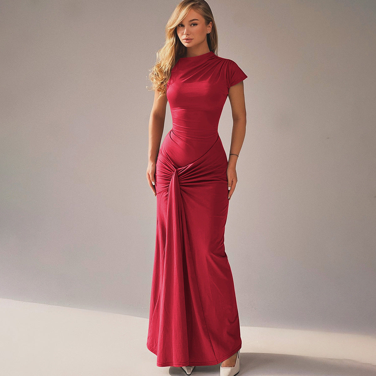 Elegant Slim Fit Pleated Lace-up Short Sleeve Dress