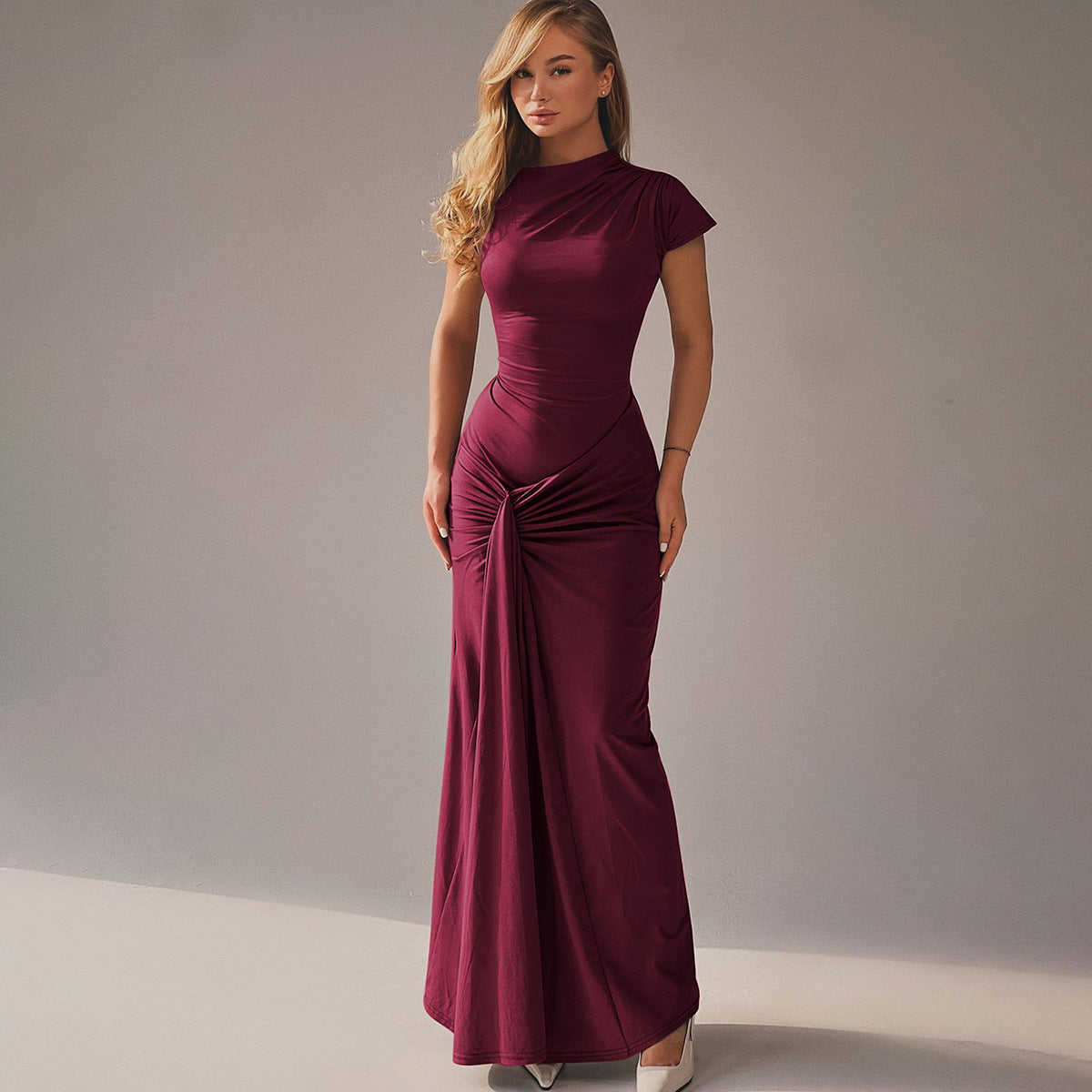 Elegant Slim Fit Pleated Lace-up Short Sleeve Dress