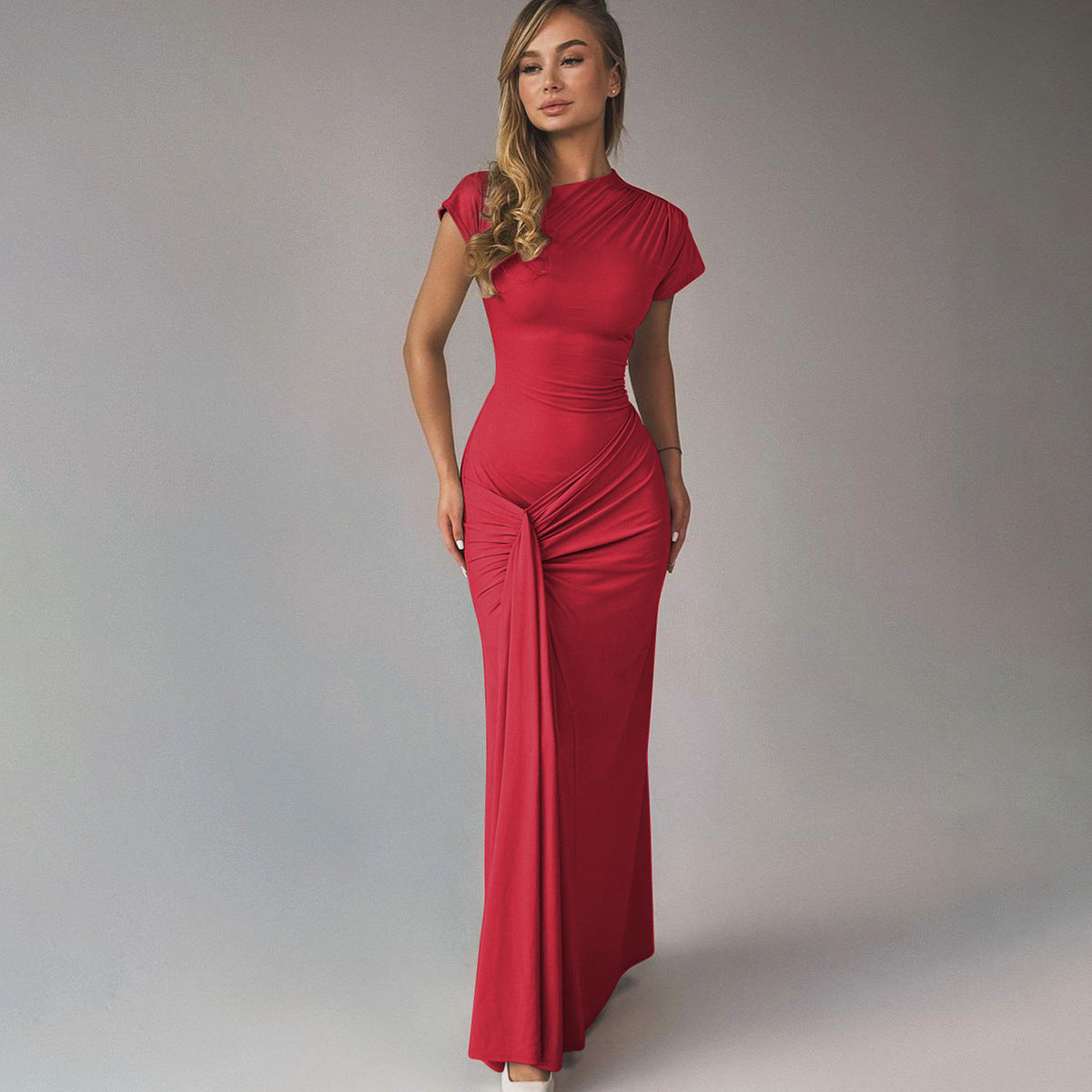 Elegant Slim Fit Pleated Lace-up Short Sleeve Dress
