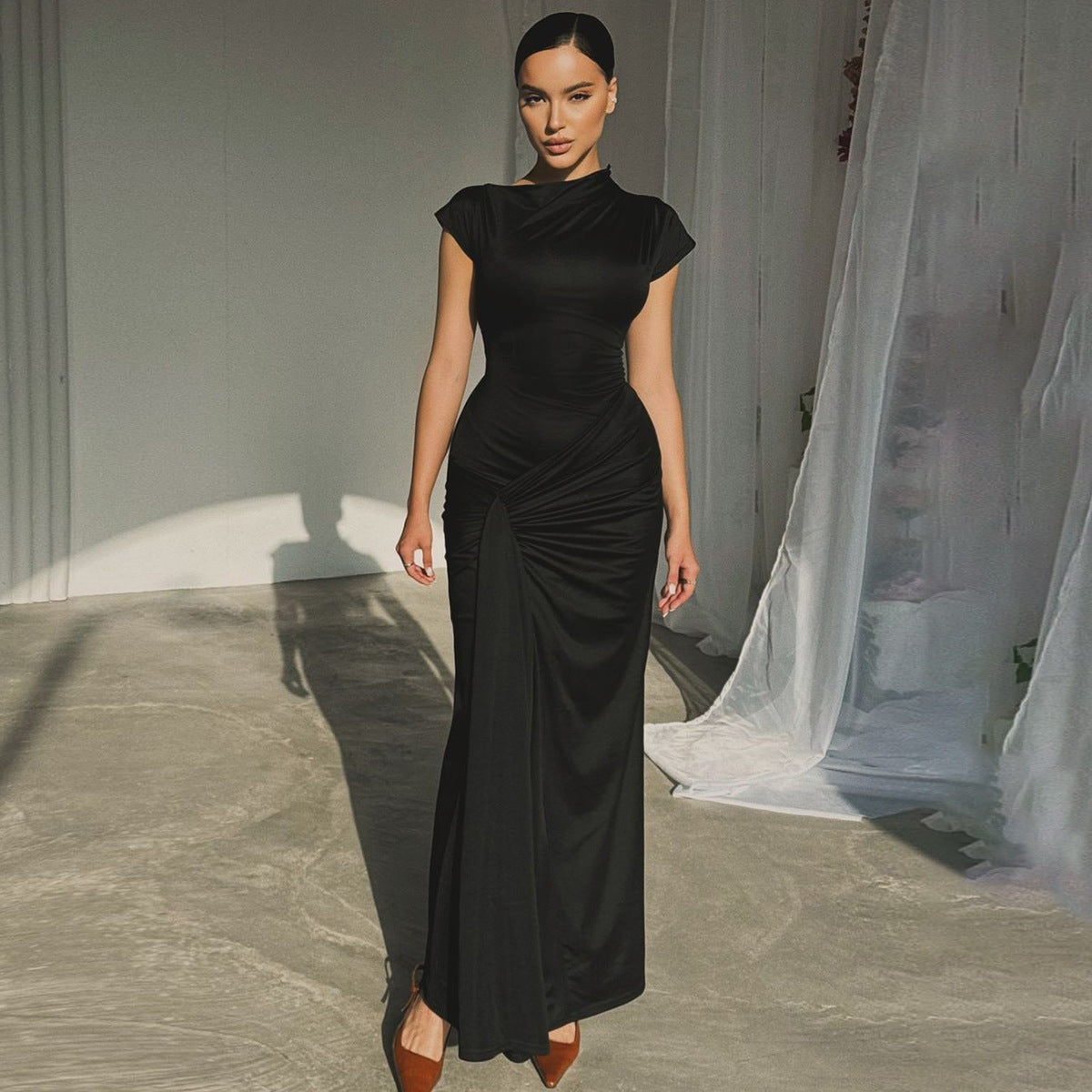 Elegant Slim Fit Pleated Lace-up Short Sleeve Dress