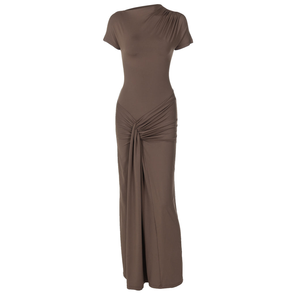 Elegant Slim Fit Pleated Lace-up Short Sleeve Dress